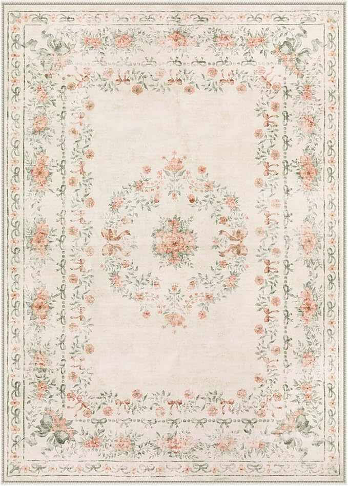 Wonnitar Floral Bow Washable Area Rug 5x7, Ultra-Thin Beige Rugs for Bedroom, Boho Non Shedding Neutral Soft Carpet for Nursey Kids Room Dorm Living Room, Beige