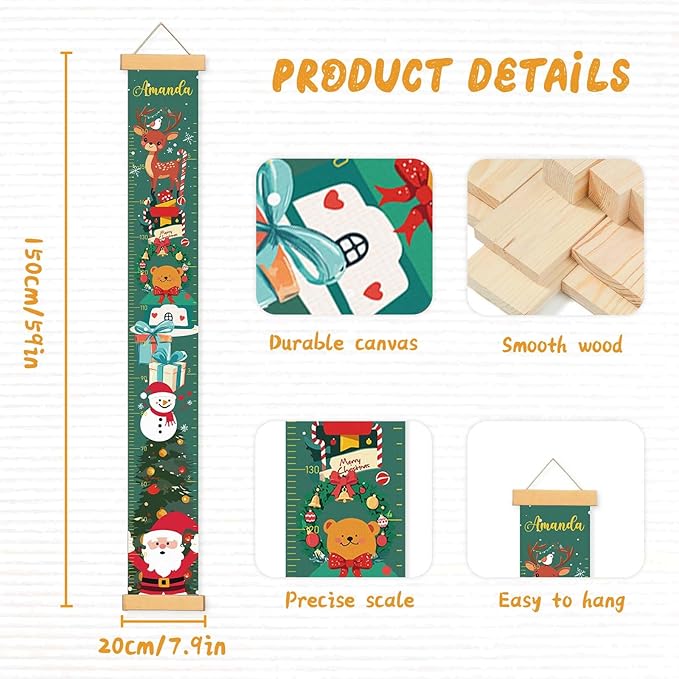 Personalized Name Growth Chart for Wall, Christmas Deer Height Chart, Waterproof Canvas Measure Wall Ruler Removable, Nursery Wall Decor for Baby Kids Toddlers,Christmas Gifts for Kid