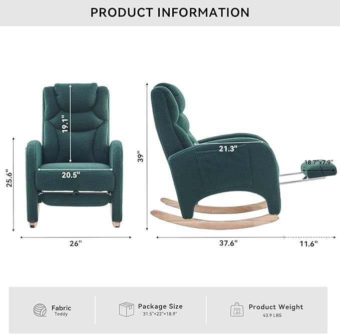 Rocking Chair Nursery, Modern Glider Chair with Adjustable Footrest and Solid Wood Legs, High Backrest Nursery Chair with Side Pocket, Rocker Armchair for Living Room Bedroom, Teddy Green