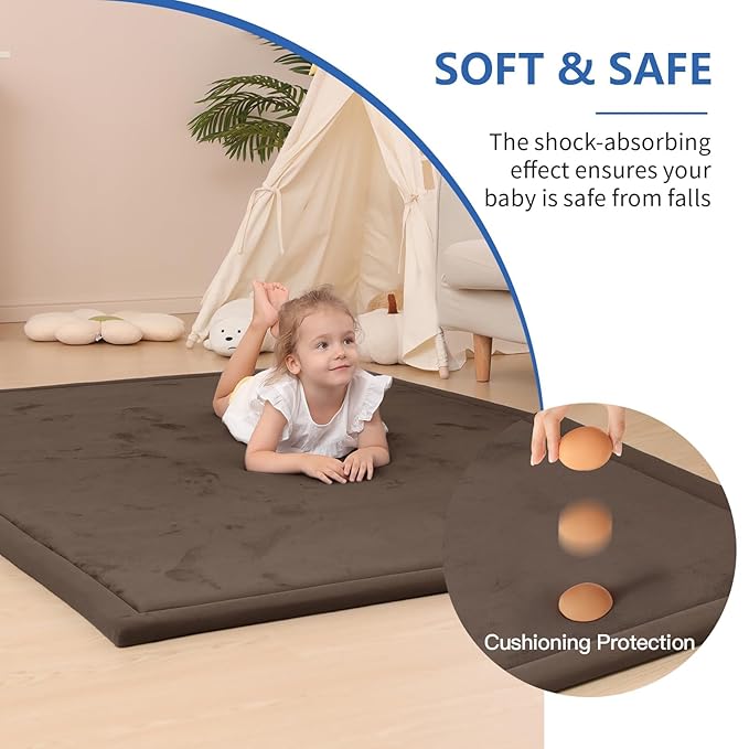 Baby Play Mat for Floor,1.3" Thick Elasti-Foam 74×50 Playpen Mat for Toddlers Infant kids,Water-Repellent Soft Coral Velvet for Tummy Time, Non-Slip Backing for Crawling,Tatami Style(Dark Brown)