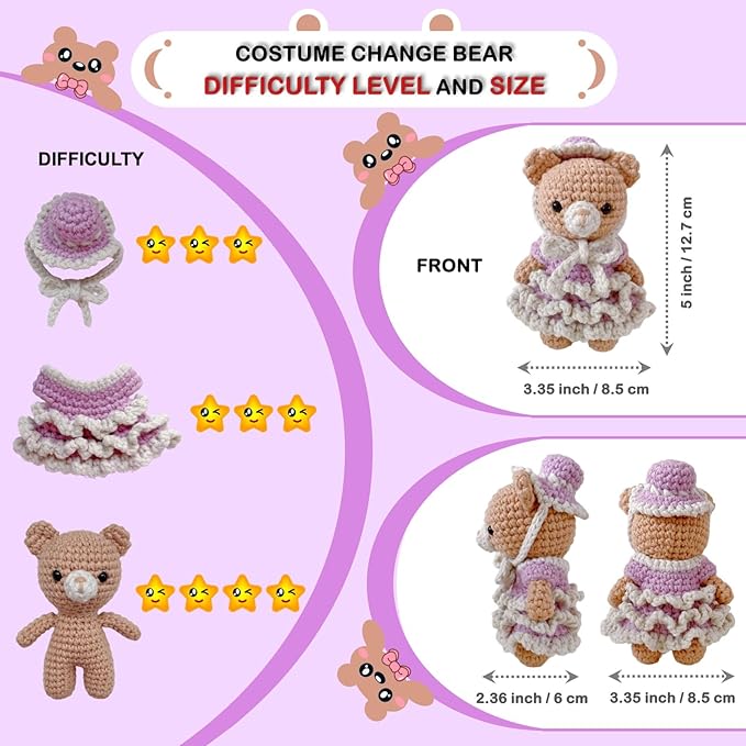 LoopMap Crochet Kit for Beginners - DIY Amigurumi Bear with Removable Dress & Accessories - Step-by-Step Video Tutorials, Extra Yarn, Crochet Tools, Handmade Gift for Kids & Adults (Bear K02, Purple)