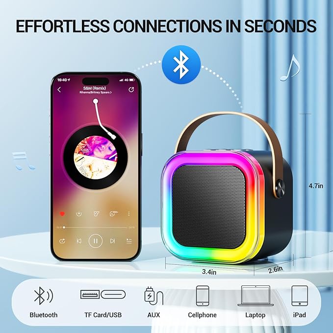 Kinglucky Mini Karaoke Machine for Kids, 2025 TOP Birthday Gifts Ideas for 3-12 Year Old Girls, Christmas Party Gifts Kids' Personal Video Players Accessories with 2 Wireless Microphones - Black