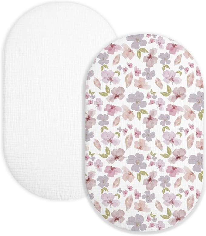 Bassinet Sheet for Baby Boy and Girl 2 Pack, Fitted Sheets for Rectangle, Oval, Hourglass Bassinet Mattress, Muslin Moses Basket Sheets with Neutral Style (Purple Petals & White)