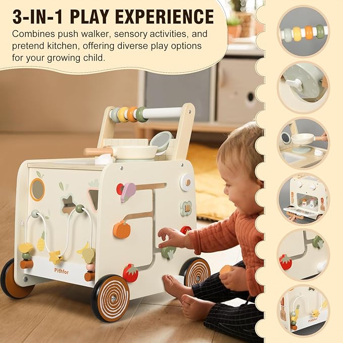 Wooden Baby Walker, 3-in-1 Baby Push Walker, with Pretend Kitchen, Montessori Sensory Activity Center, Push Walker Toys for Babies Learning to Walk, Sit-to-Stand