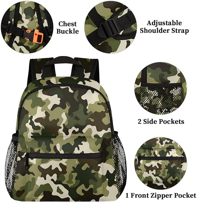 Toddler Backpack for Boys Girls - 12 Inch Green Camo Kids Backpacks Preschool Kindergarten Lightweight Waterproof Schoolbag Book Bag for School