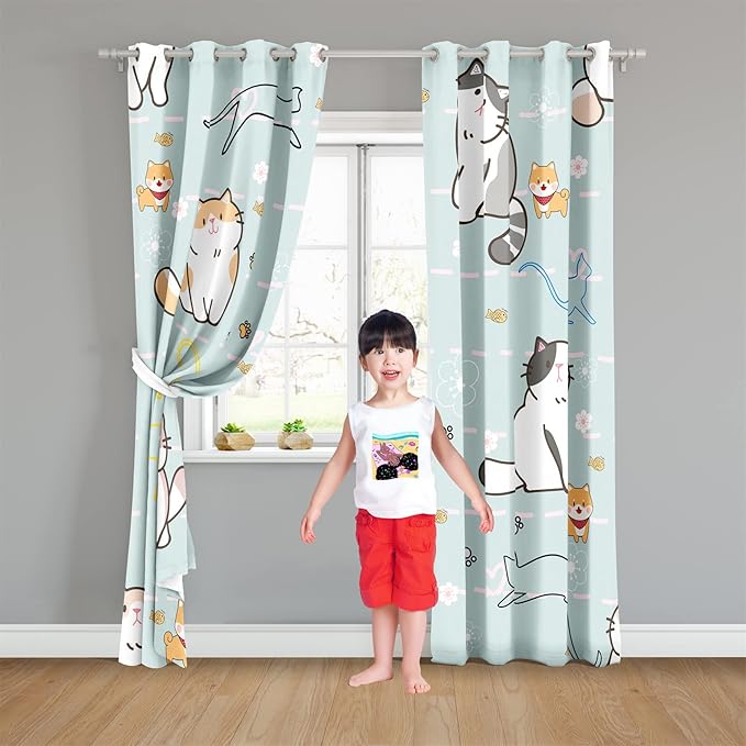 Cartoon Cat Blackout Curtains for Girls Room - Grommets Top, Animal Themed, Thermal Insulated Panels for Bedroom, Nursery Decor, 82 in x 84 in