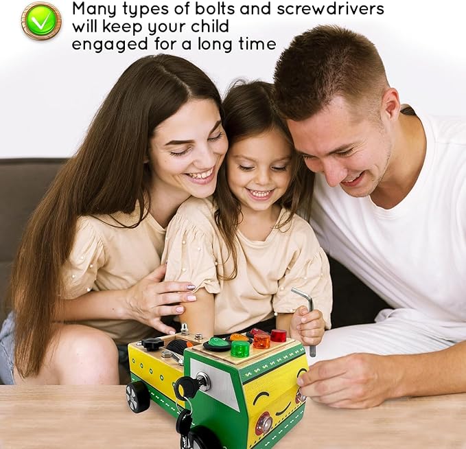 Toddler Montessori Busy Board - Wooden Educational Toy with Lights, Switches, Relay, Key, Bulbs, Sensory Board on Wheels - Preschool Motor Skills Learning Activities - Christmas & Birthday Gift