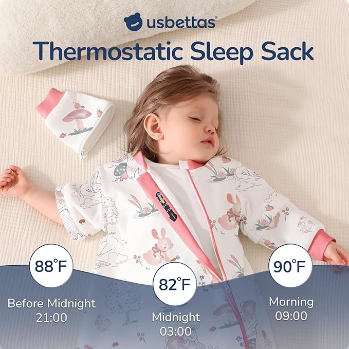 Baby Sleep Sack 6-12 Months, Cotton Detachable Long Sleeve Sleep Sack, 2.5 Tog Toddler Sleeping Sack with Temperature Strips, 2-Way Zipper Wearable Blankets for Newborns, Bunny