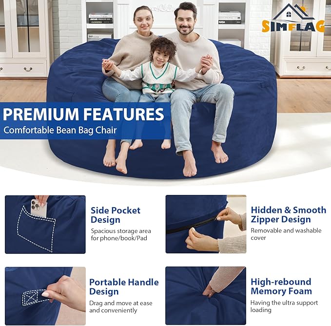 6FT Bean Bag Chair, Large Bean Bag Chairs with Memory Foam Filled, Fluffy Beanbag Sofa with Dutch Velvet Cover, Round BeanBag Chairs for Living Room, Playroom - Blue