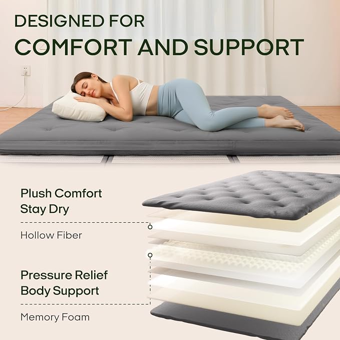 ZonLi Japanese Floor Futon Mattress Queen Size 80"x 60", 100% Cotton Cover 4'' - Image 4