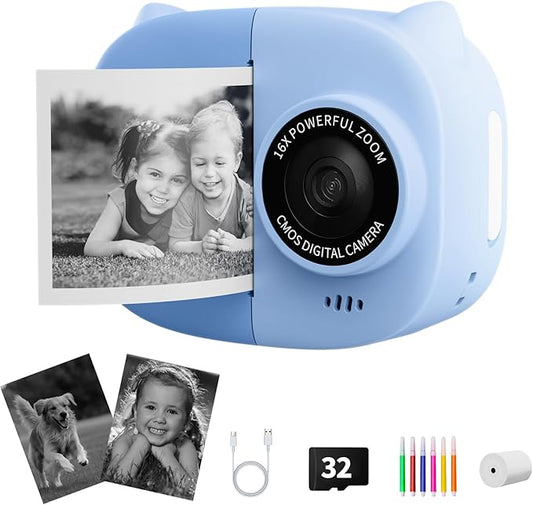 Portable Instant Camera for Kids Print Photos Travel Digital 1080P Video Camera for Toddlers 3 4 5 6 7 8 Year Old Boy Holiday Christmas Birthday Gifts (Blue)