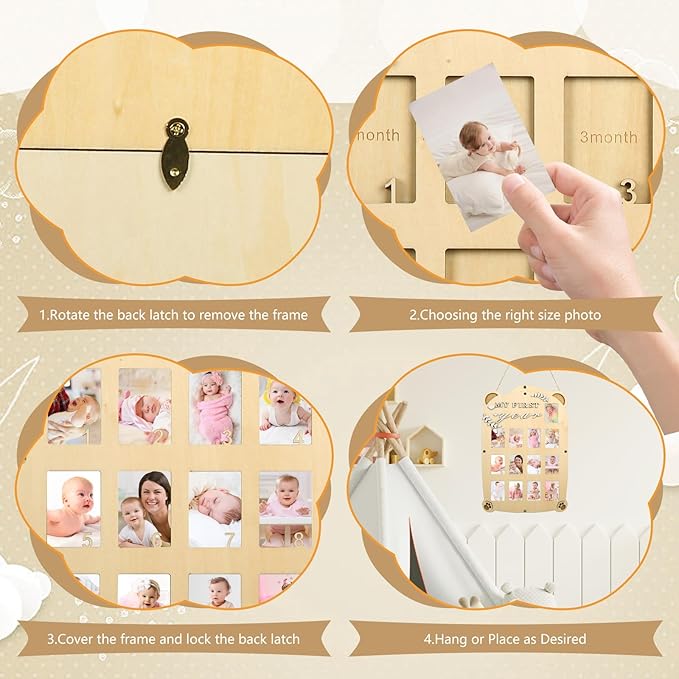 My First Year Picture Frame,One Year Of Photo Board, Baby's First Twelve Months Photo Collage and Gender Neutral Keepsake, Ideal for Baby Shower,New Mom Keepsake Gift and Nursery Decor - With Stand (Cat sign)