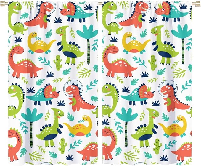 Rustic Dinosaurs Curtains Colorful Dino Kids Boys Cartoon Cute Cool Funny Decor Printed Blackout Rod Pocket Window Drapes for Living Room Bedroom W36xL63in 2 Panels