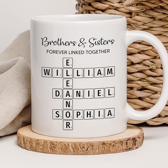 Family Forever Linked Together Custom Names Ceramic Mug, Crossword Puzzle Art, for Birthday, Anniversary or Special Occasions (Brothers & Sisters Forever Linked Together White Mug Ver 1)