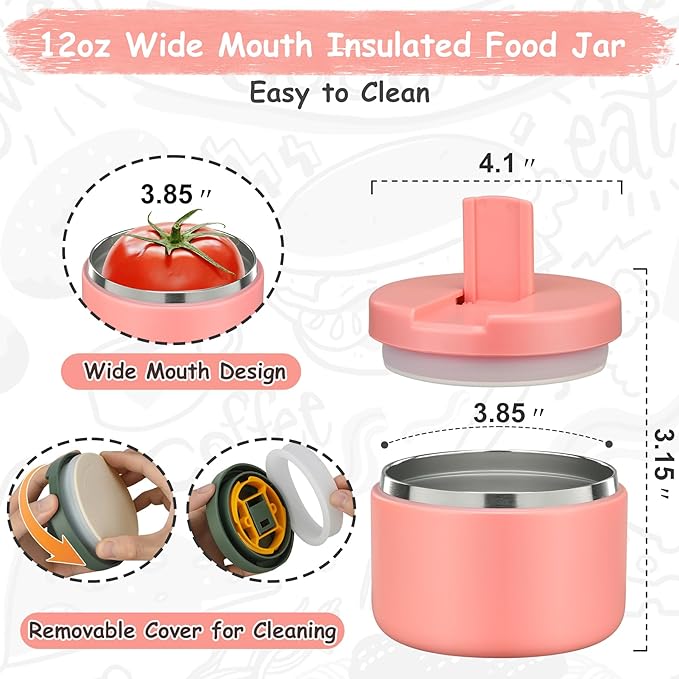 12oz Insulated Vacuum Food Jar with Buckle Lid Wide Mouth Soup Thermo for Hot Food Kids Leakproof Stainless Steel Lunch Container- Pink- 1Pack
