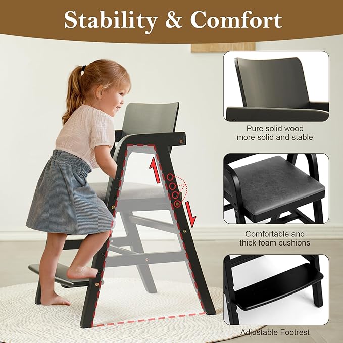 Solid Wood High Chair for Toddlers to Teens, Adjustable Height Toddler Dining Chair, Easy to Clean Toddler Highchair with Removable PU Cushion for Dining, Studying, Step Tool, Black