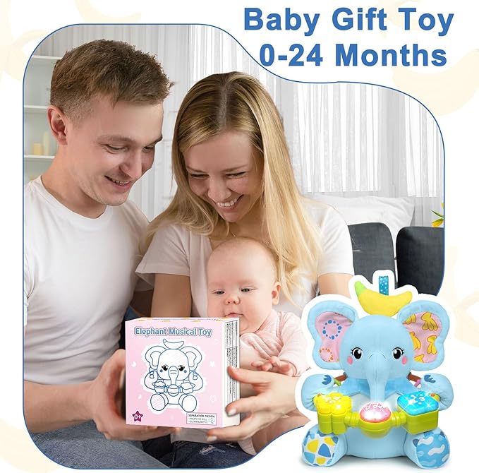 Baby Elephant Musical Stuffed Animals Toy with Light-Up Music & Crinkle,Infant Bilingual Early Learning Education Toys,1st Easter Basket Shower Stuffers for 0-3-6-12+ Months Boy Girl Gifts,Blue