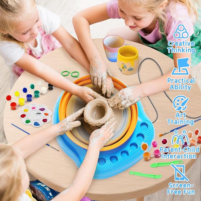 Vinkp Pottery Wheel for Kids - Complete Pottery Painting Kit Arts and Crafts for Kids Ages 8-12 with Air Clay Art Supplies for Girls Boys Toys Birthday Christmas Gifts for 6 7 8 9 10 11 12 - Blue
