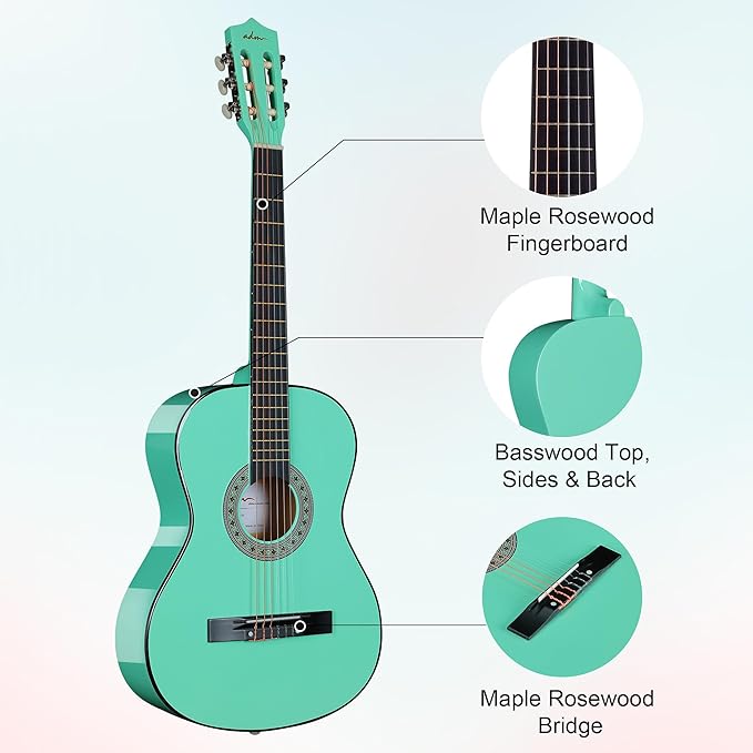 ADM Beginner Acoustic Classical Guitar 38 Inch Nylon Strings Wooden Guitar Bundle Kit for Kid Boy Girl Student Youth Guitarra Online Lessons with Gig Bag, Strap, Tuner, Strings, Cyan Green
