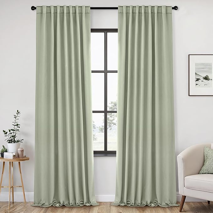 ANRODUO Extra Long 102 Inch Blackout Curtains Sage Green Room Darkening Light Blocking Curtains 2 Panels Set Thermal Insulated Blackout Drapes with Hooks, Rings, Clips