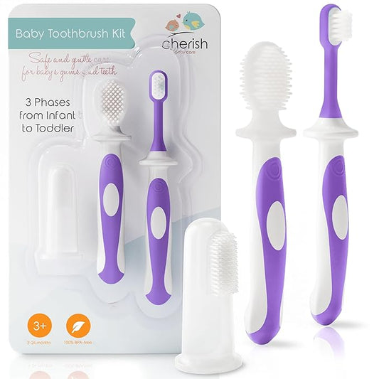 Cherish Baby Care Baby Toothbrush & Toddler Toothbrush Set (0-2 Years) - BPA-Free & Safety-Tested, 2023 Award Winner, Food-Grade Silicone (Purple)