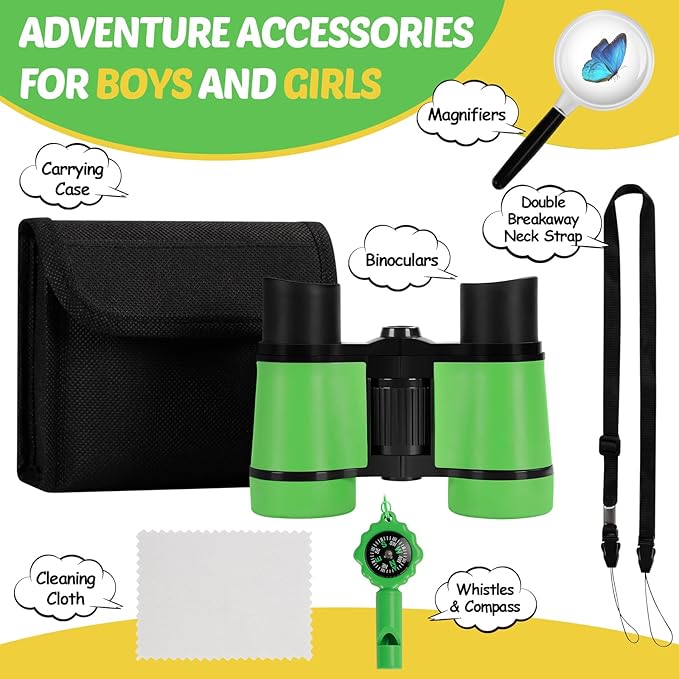 Binoculars for Kids, Kids Binoculars Toys for 3 4 5 6 7 8 Years Boys and Girls, Set with Magnifying Glass & Compass - Birthday Gifts Outdoor Toy for Kid Ages 3-8 Toddler Camping (Green)
