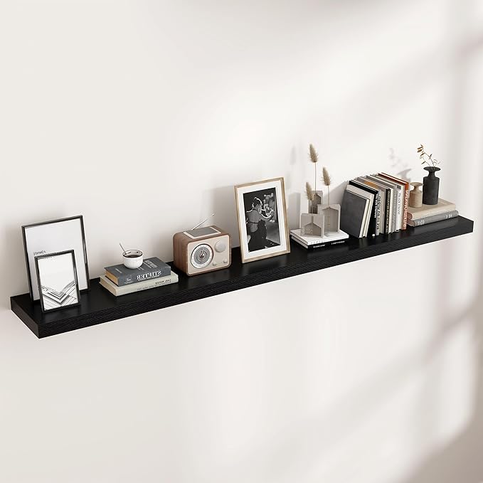 Floating Shelves for Wall, Large Wall Mounted Shelves with Invisible Brackets, Long Wood Floating Shelf for Living Room, Bedroom, Kitchen, (Black, 72" W x 9" D x 1.5" H)