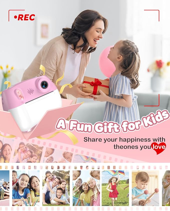 Kids Instant Print Camera Selfie Function - Front Rear Dual Kid Camera with 1080P Video for Girls Ages 3-12, Toddler Portable Travel Print Digital Camera for 3 4 5 6 7 8 9 10 11 12 Year Old Pink