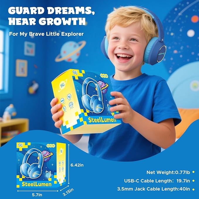 Nova1Pro Active Noise Cancelling Headphones for Kids, 3-Level Safe Volume 75/85/94dB, ANC Safe Wireless Listen, Type C Fast Charging, Bluetooth 5.4 with Mic, boy Girl for School, Travel & Airplane