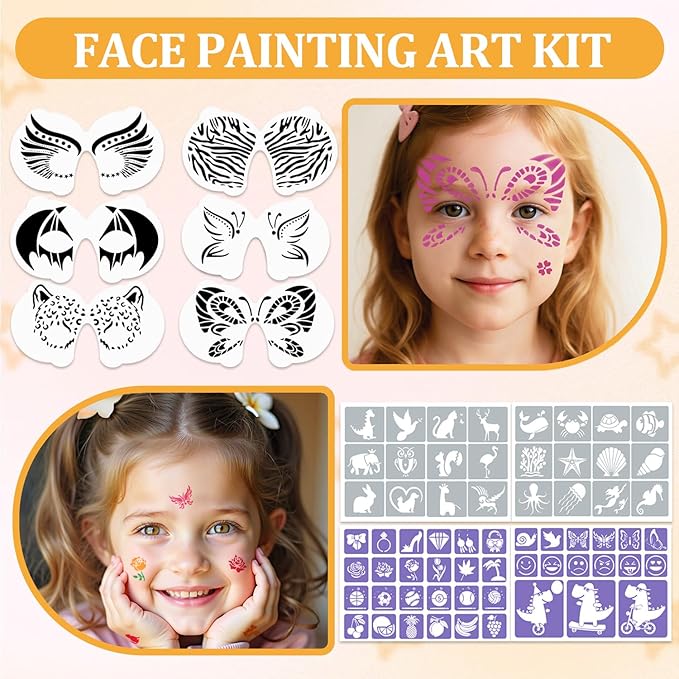 42 Color Face Painting Kit for Kids-Non Toxic Water Activated Face Paint Palette with 16 Crayons,6 Reusable & 63 Sticky Stencils,Brushes,Gems.Ideal Choice for Carnival,Halloween,Parties,Makeup etc.