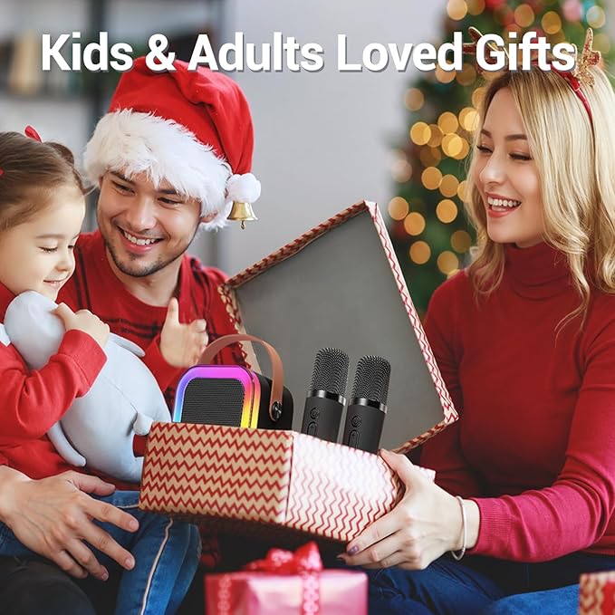 Kinglucky Mini Karaoke Machine for Kids, 2025 TOP Birthday Gifts Ideas for 3-12 Year Old Girls, Christmas Party Gifts Kids' Personal Video Players Accessories with 2 Wireless Microphones - Black