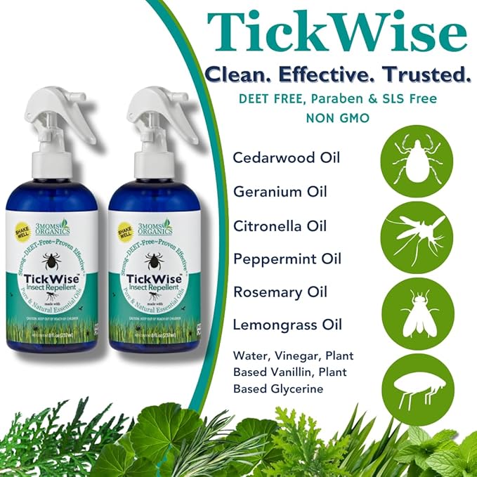 3 Moms Organics, TickWise 8oz Extra Strength Double Whammy 2-Pack - DEET- Free, Tick and Insect Repellent, Plant Based Essential Oils, All Natural Ingredients, Safe for Kids, Adults, Dogs & Horses