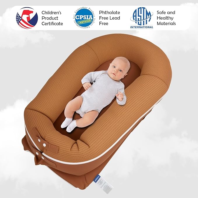 Baby Lounger, Deluxe Infant Lounger, Baby Nest Cover for Baby, Breathable Cotton, Adjustable Baby Floor Seat for Tummy Time, Newborn Essentials for Baby 0-12 Months (Brown)