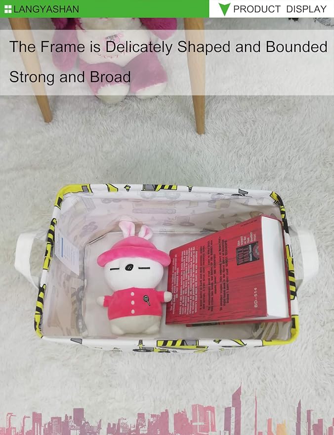 LANGYASHAN Rectangular Storage Bin Collapse Canvas Fabric Cartoon Storage Basket with Handles for Organizing Home Kitchen Boys and Girls Toys Office Closet Shelf Baskets (Rec Engineering Vehicle)