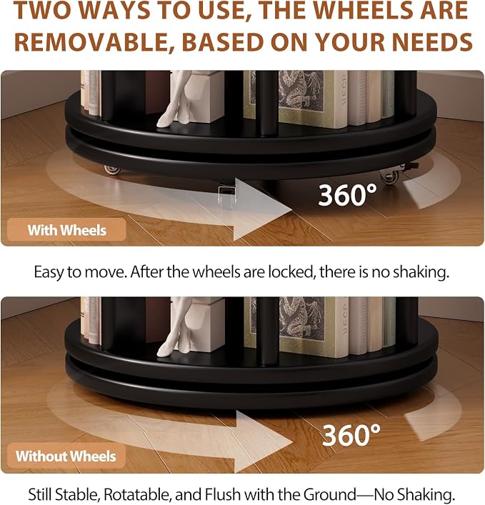 Muwuele Solid Wood Rotating Bookshelf on Wheels, 4 Tier, Round Revolving - Image 5