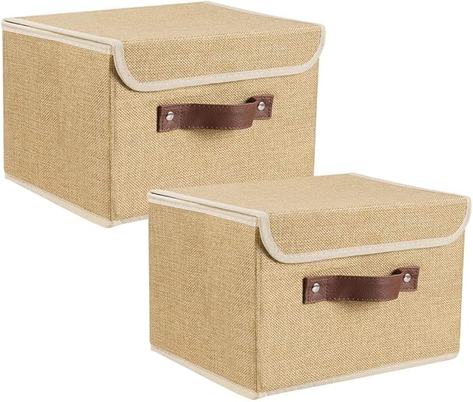 Lucky Monet Storage Bins Boxes with Lids 2 Pack Decorative Storage Boxes Collapsible Fabric Storage Basket Containers Lidded Storage Cube for Organizing Closet Home Office, 10"x 8"x 7" (Khaki)