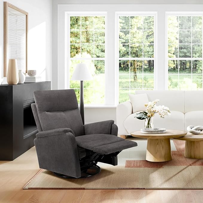 COLAMY Swivel Recliner Chair with Footrest, Strong Glide Chair High Back with Double-Layer Cushion, Rocker Recliner for Nursery & Living Room, Bedroom, Charcoal