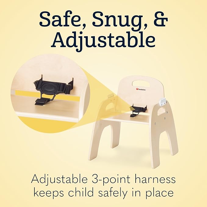 Foundations Easy Serve Low Wood Feeding Chairs Multipack, Adjustable Harness, Removable Dishwasher Safe Tray, No-Tip Base, Stackable Toddler Chairs, 2 Pack (11 inch)