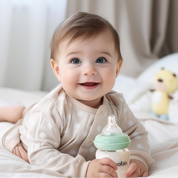 YOHKOH Natural Glass Baby Bottle with Natural Response Nipple, Newborn Anti-Colic Baby Bottles, Wide Neck Mushroom Cap Baby Bottle, Clear (3.4oz (Pack of 2), Blue)