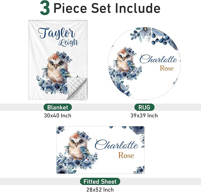 Personalized Baby Crib Bedding Set - Custom Name Owl Pattern 3 Pcs Set - Soft Blanket with Double Layer Dotted Backing, Fitted Sheet, Room Rug for Newborns Boys Girls Shower Gift