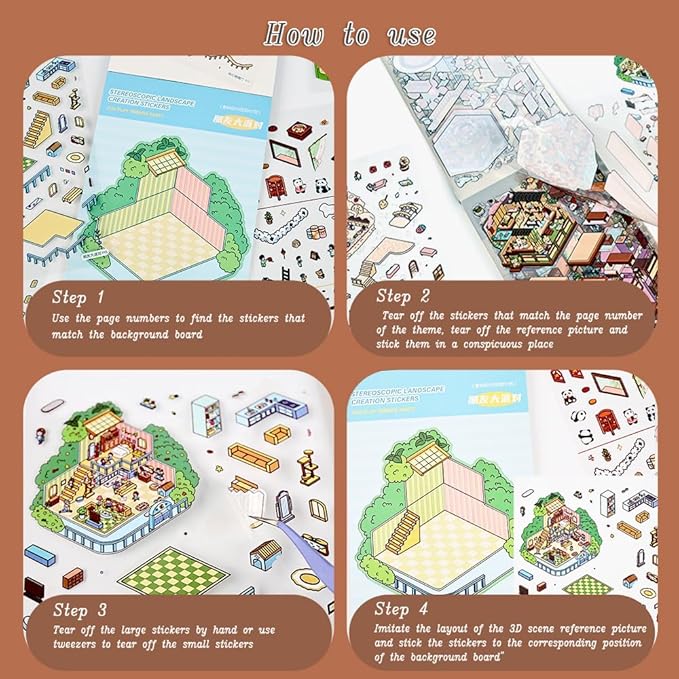 20 Sets DIY 3D Sticker Scenes for Adults Relief Stress, Cute Kawaii 3D House Sticker Therapy for Women Teen Girls Kids Pass The Time, Make Your Own Mini Room Scene Collection Book with Tweezer