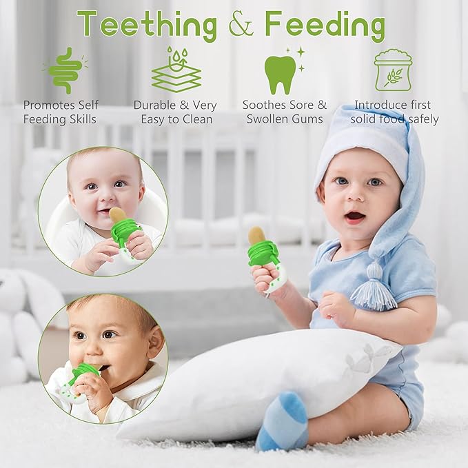 WAJIAYON Baby Fruit Feeder Pacifier - 6 Pack | 2 Infant Food Feeder Pacifier & 2 Baby Food Dispensing Spoon | Fresh Fruit Teethers for Babies | Silicone Feeder Babies,Infant Teething Feeders (Green)