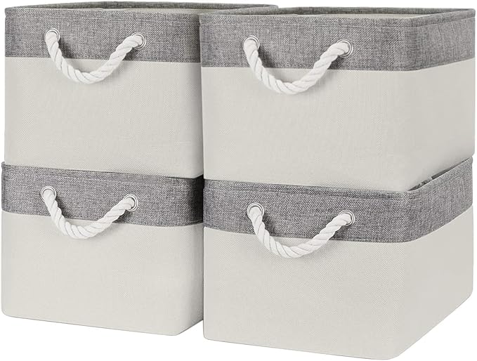 Organization and Storage Basket for Organizing - Large 4 Pack 16x12x8 inch Fabric Storage Cube Collapsible Baskets for Shelves, Storage Bins for Cloth Books (Grey & White)
