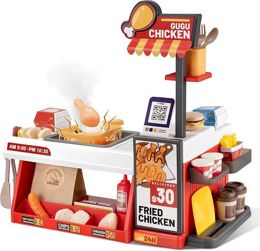 Kids Kitchen Food PlaySet - Simulated Fried Chicken Fast Food Store Toy with Cash Register, Includes Color-Changing Food, Suitable Birthday Gift for Boys and Girls Aged 3-5