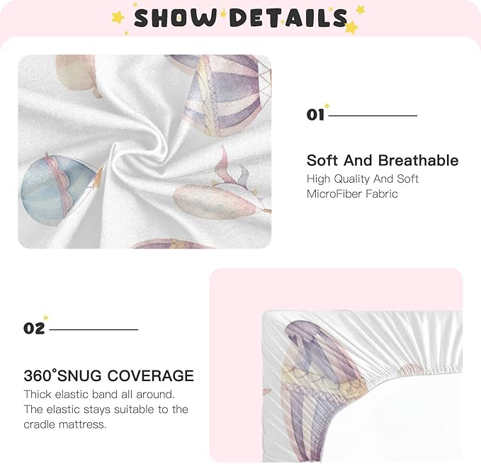 Watercolor Hot Air Balloon Crib Sheets for Boys and Girls, Fitted Baby Crib Sheets Soft and Breathable Mini Crib Sheets 52 X 28 X 9 Inches