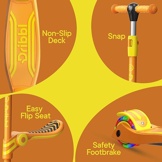 Orange 3 Wheel Scooter with Seat for Kids – Light-Up LED Wheels, Adjustable Handlebar and Seat, Smooth PU Wheels, Wide Anti-Slip Deck, Rear Foot Brake – Toddler Outdoor Toys for Ages 2+