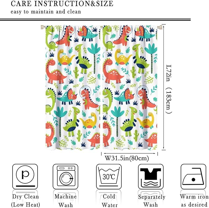 Rustic Dinosaurs Curtains Colorful Dino Kids Boys Cartoon Cute Cool Funny Decor Printed Blackout Rod Pocket Window Drapes for Living Room Bedroom W31.5xL72in 2 Panels