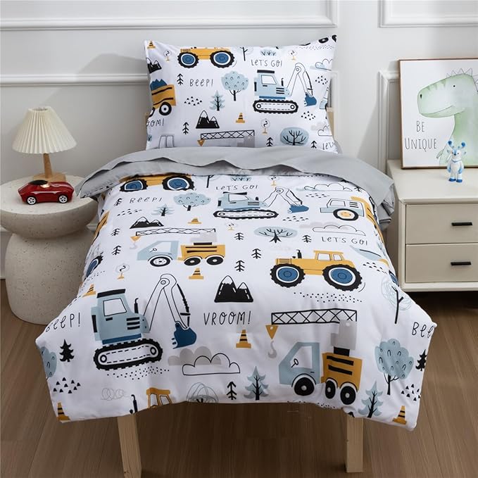 NTBED 4 Pieces Construction Toddler Bedding Set for Baby Boys,Tree Truck Vehicles Excavator Cars Printed, Includes Comforter, Flat Sheet, Fitted Sheet and Pillowcase,Light Grey