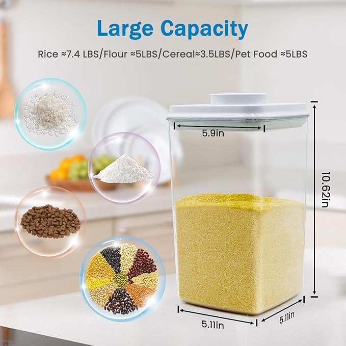 Pop Airtight Food Storage Containers Set with Lids, Large 4.2Qt/4L Food Containers with Scoop, Kitchen Pantry Organization and Storage, BPA Free Stackable Cereal Container (2 * 4.2Qt)