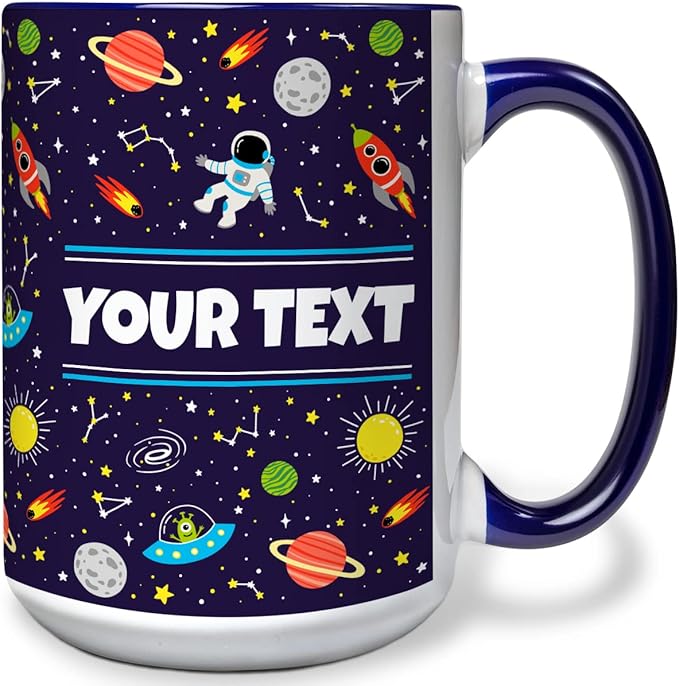 Personalized Mug for Kids - Outer Space - Custom Name/Text, Ceramic Hot Chocolate/Cocoa/Coffee Cup for Boys/Girls, Birthday/Christmas/Holiday Gift - 15 oz, Navy Blue Handle